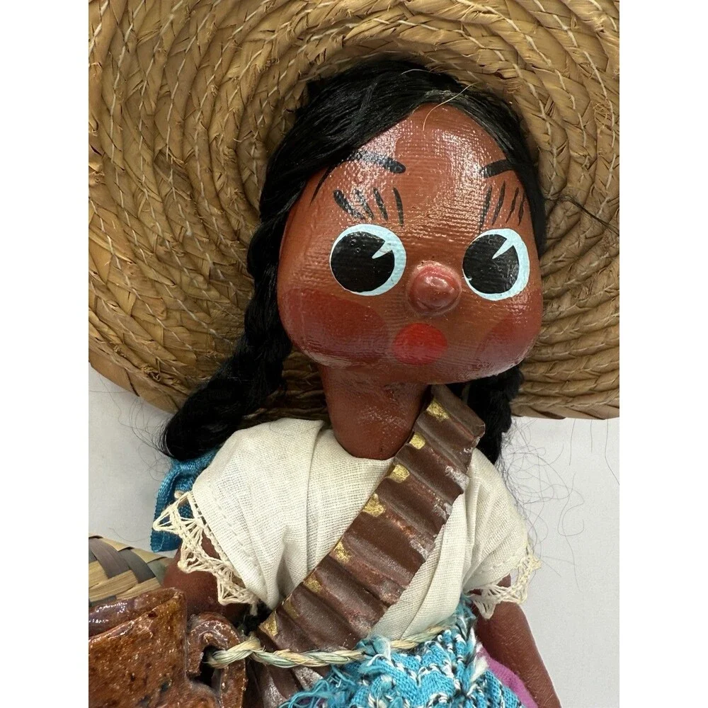 Vintage Jamaican Village Lady Blue Dress Doll w/ Papoose Floppy Hat & Water Jug